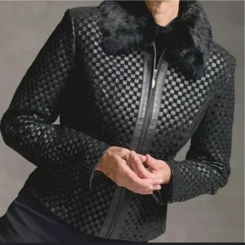 MARVIN RICHARDS Black Leather Suede Checkered Zip Jacket Rabbit Fur Trim Small